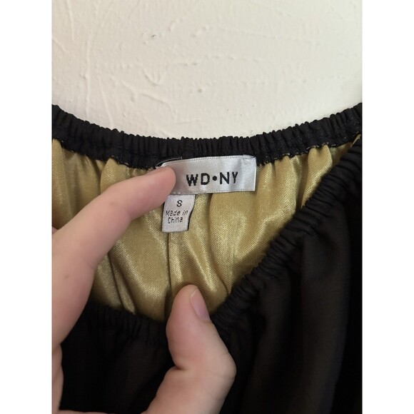 WD NY Dress Small Pleated Green & Black Chiffon Strapless Off Shoulder - Picture 5 of 7